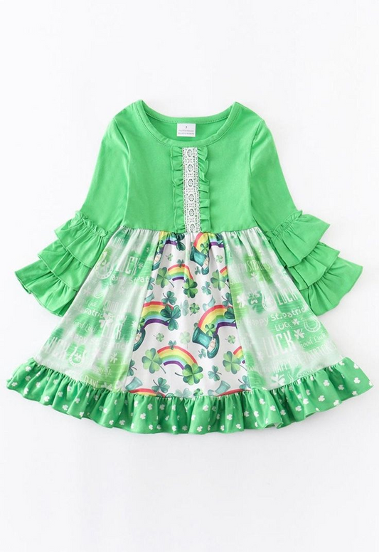 (Custom Design Preorder MOQ 5) Green Quatrefoil Rainbow Print Girls Knee Length St. Patrick's Dress