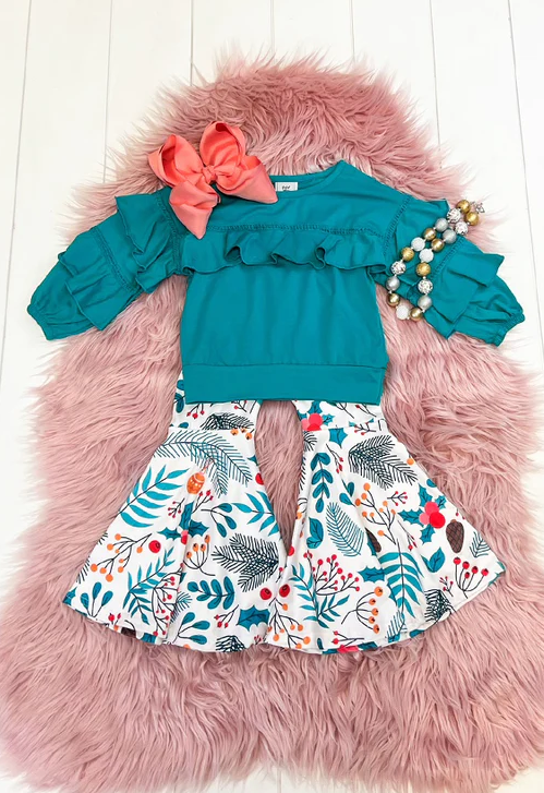 (Custom Design MOQ 5)  Blue Ruffle Top Flowers Bell Pants Girls Christmas Clothes Set