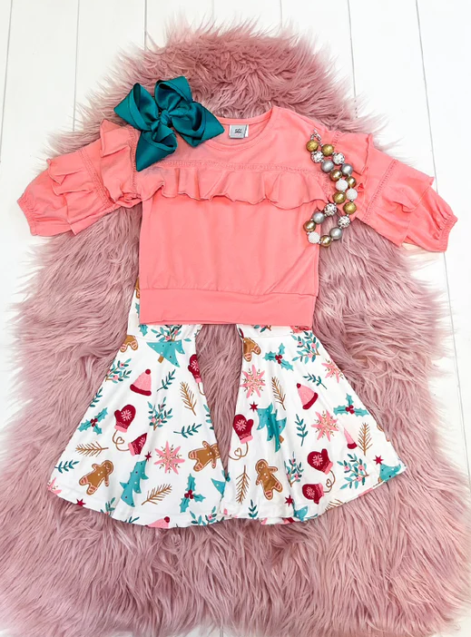 (Custom Design MOQ 5)  Pink Ruffle Top Gingersnap Bell Pants Girls Christmas Clothes Set