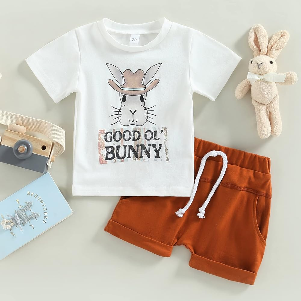 (Custom Design MOQ 5)  Good OL' Bunny Print Boys Easter Clothes Set