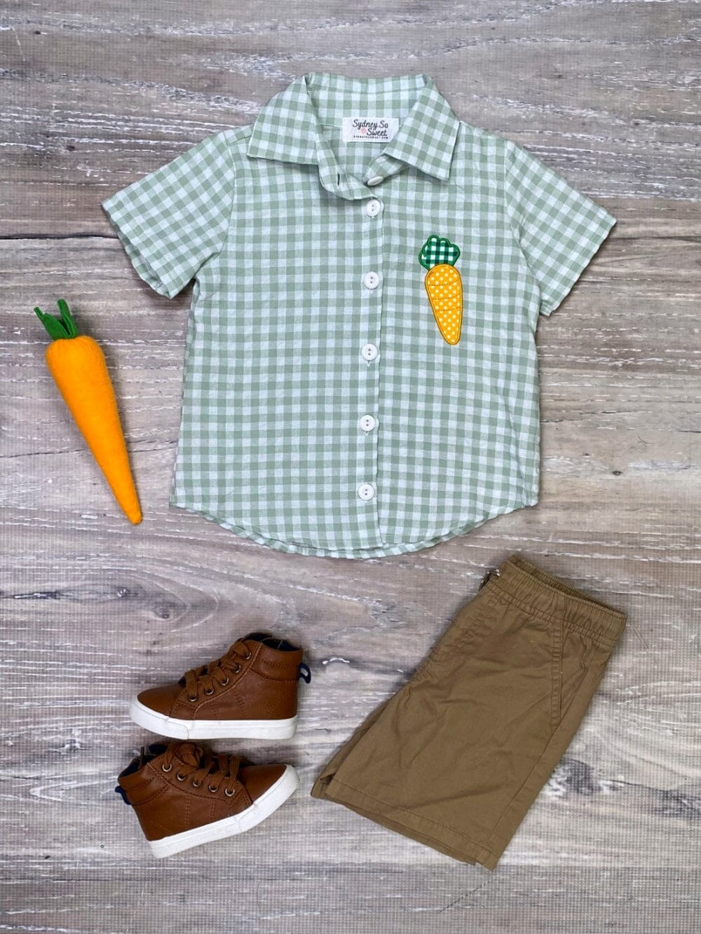 (Custom Design MOQ 5)  Green Plaid Carrot Print Boys Button Tee Shirts Easter Top