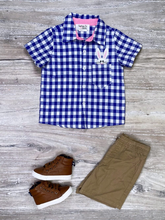 (Custom Design MOQ 5)  Blue Plaid Bunny Print Boys Button Tee Shirts Easter Top