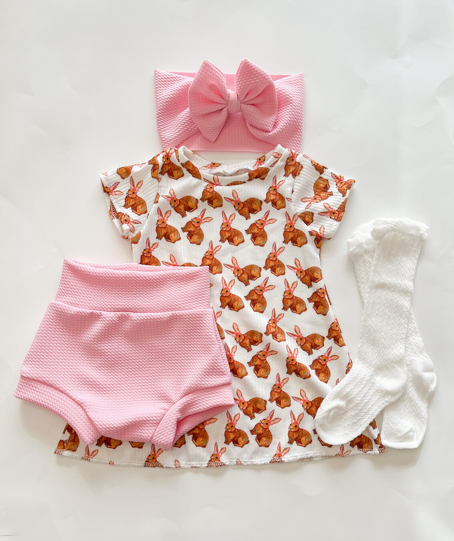 (Custom Design MOQ 5)  Bunny Top Pink Baby Bummie Set