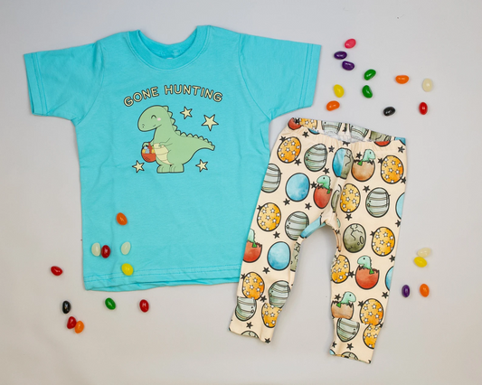 (Custom Design MOQ 5)  Gone Hunting Dinosaur Egg Print Kids Easter Clothes Set