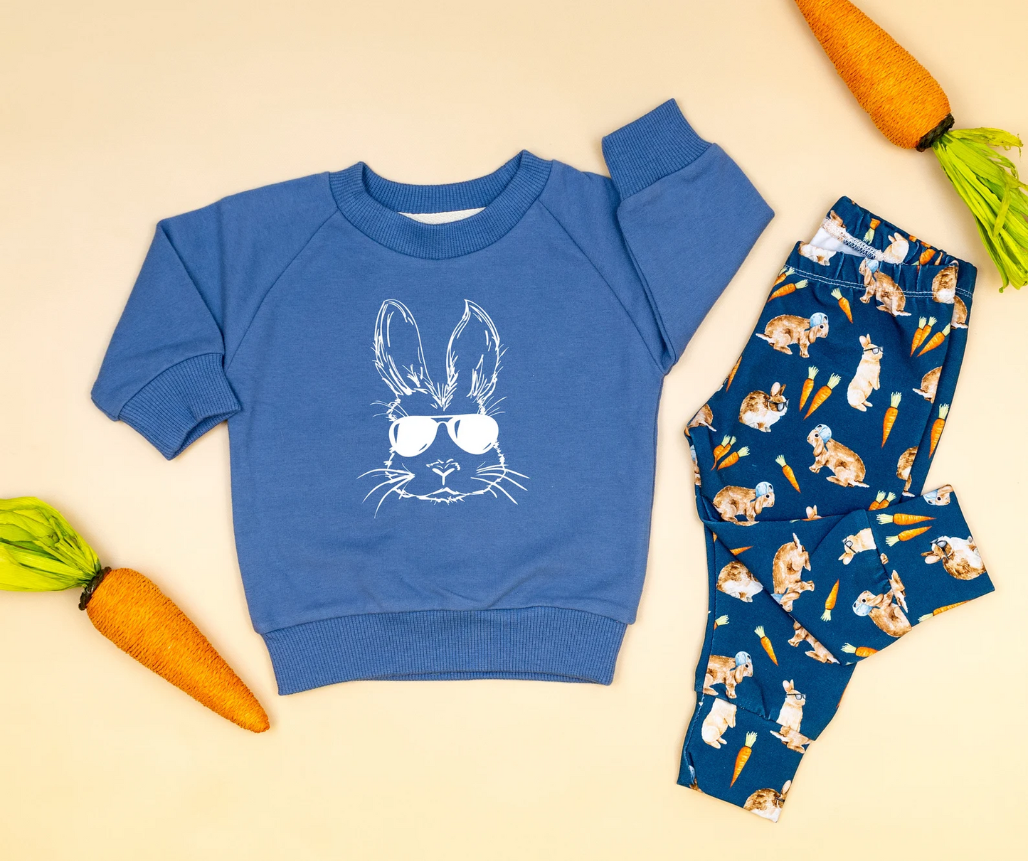 (Custom Design MOQ 5)  Blue Bunny Carrot Print Kids Easter Clothes Set