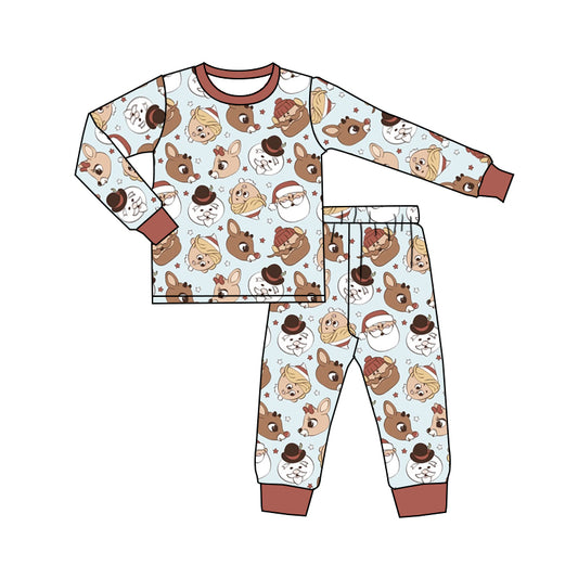 (Custom Design Preorder MOQ 5) Deer Christmas Santa Print Kids Pajamas Clothes Set