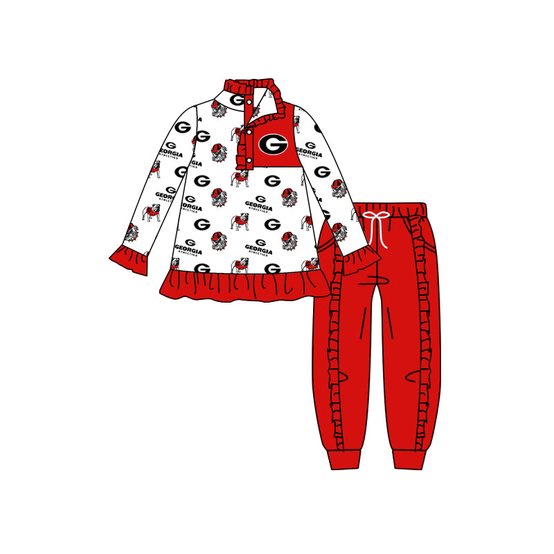 (Custom Design Preorder MOQ 5) Red Football Team's print button pullover shirts pants girls fall clothes set