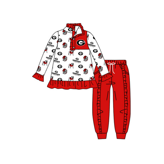 (Custom Design Preorder MOQ 5) Red Football Team's print button pullover shirts pants girls fall clothes set