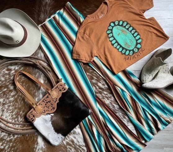 (Custom Design Preorder MOQ 5)Turquoise Brown Top Stripes Bell Pants Girls Western Clothes Set