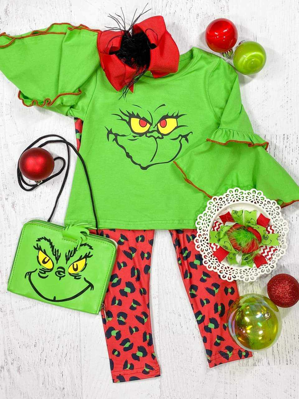 (Custom Design MOQ 5)Christmas Green Frog Top Leopard Legging Pants Girls Clothes Set