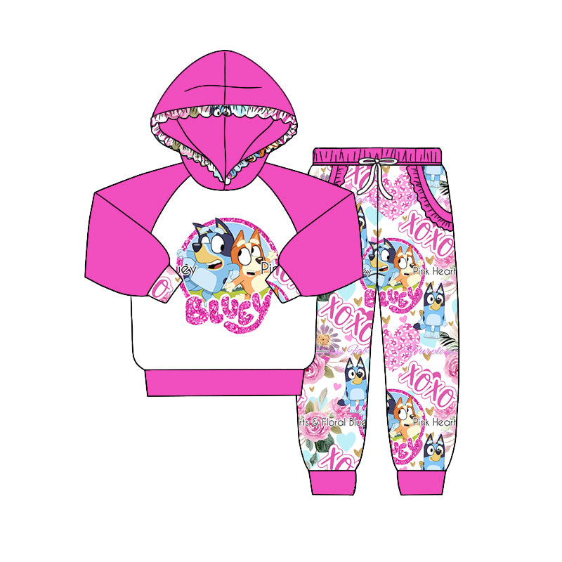 (Custom Design Preorder MOQ 5)Hot Pink Cartoon Dog Pink Girls Hoodie Clothes Set