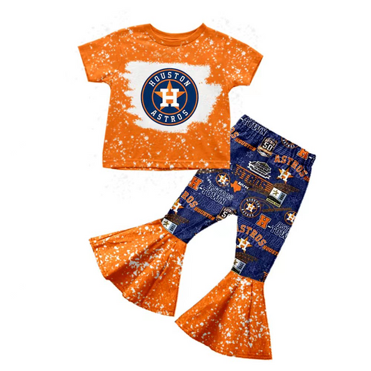 (Custom Design Preorder MOQ 5)Orange Football Team's Print Girls Bell Pants Clothes Set