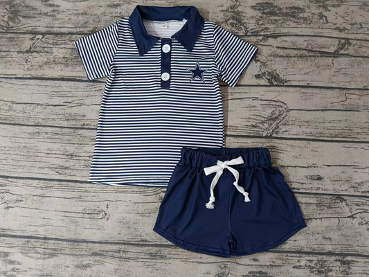 (Custom Design Preorder MOQ 5)Navy Star Football Team's Print Boys Shorts Clothes Set