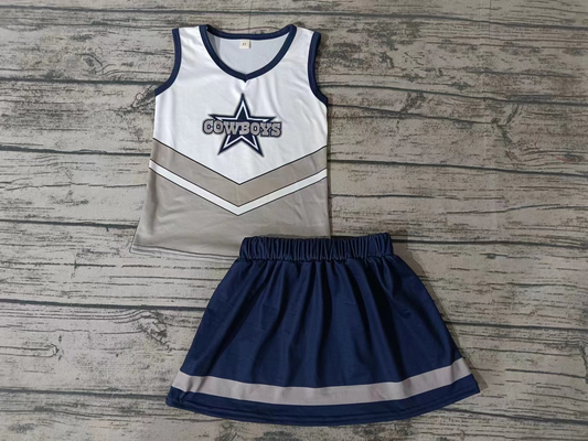 (Custom Design Preorder MOQ 5)Navy Star Football Team's Print Girls Skirts Clothes Set