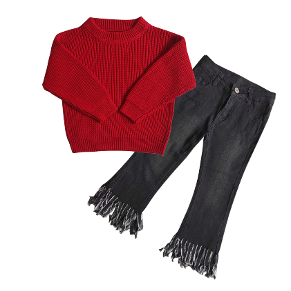 GT0032+D4-30 Red Sweater Top Black Denim Fringed Jeans Girls Clothes Set