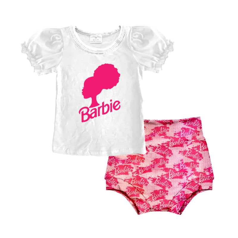 (Custom Design MOQ 5)  Pink BA Print White Top Baby Girls Bummie Set