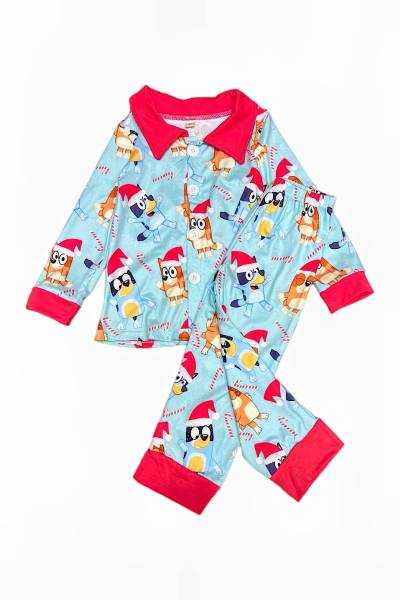 (Custom Design MOQ 5) Blue Cartoon Dog Candy Cane Print Kids Button Pajamas Clothes Set