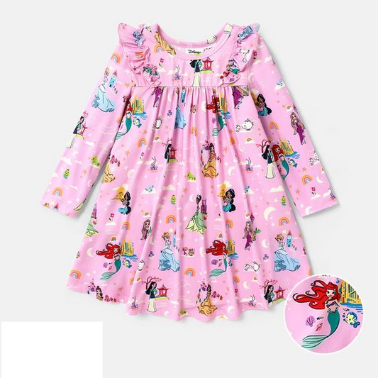 (Custom Design MOQ 5) Pink Cartoon Princess Print Knee Length Dress