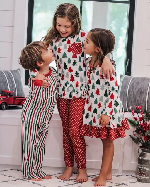 BLP0361 Green red stripes print kids Christmas pajamas clothes set