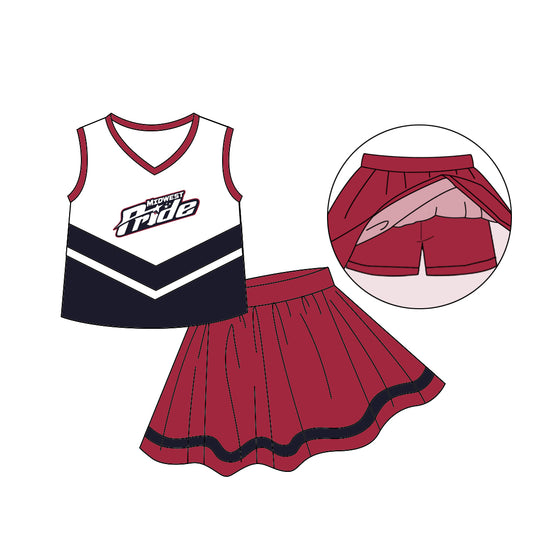 (Custom Design Preorder MOQ 5)Dark Red Football Team's Skirts With The Shorts Girls Clothes Sets