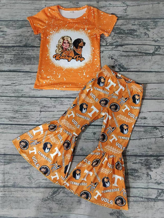 (Custom Design Preorder MOQ 5)Orange Football Team's Print Singer Design Girls Bell Pants Clothes Set