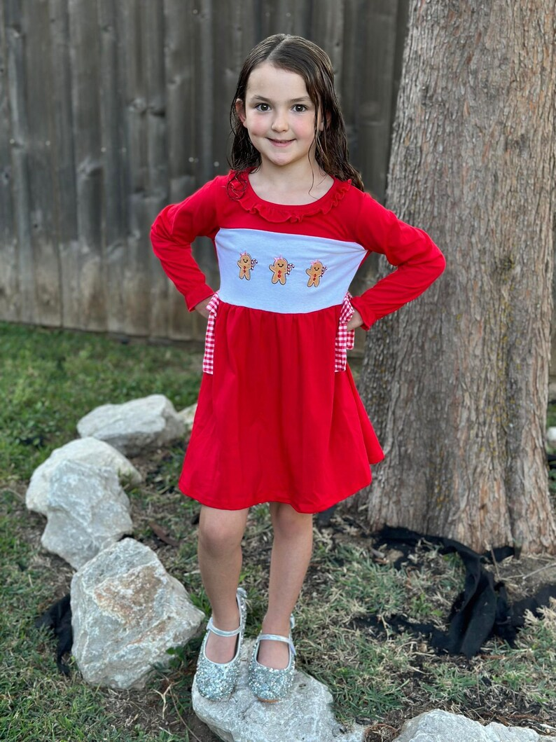 GLD0218  Girls gingersnap embroidery red Christmas dress