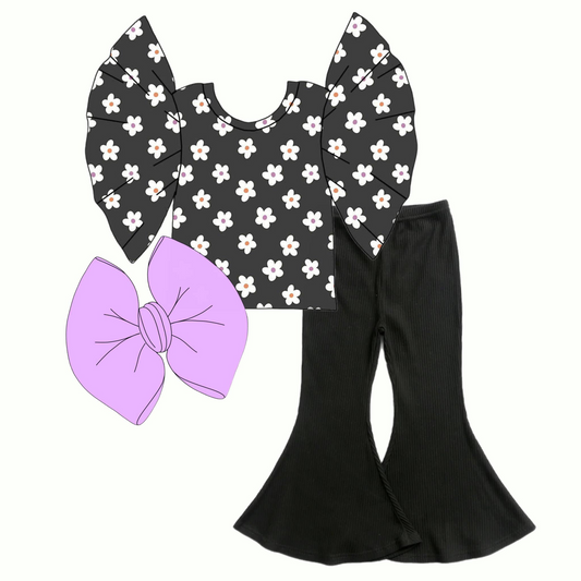 (Custom Design Preorder MOQ 5)Black Flowers Print Girls Clothes Set