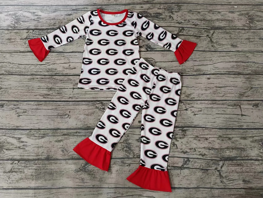 (Custom Design Preorder MOQ 5)Red G Football Team's Print Girls Pajamas Clothes Set