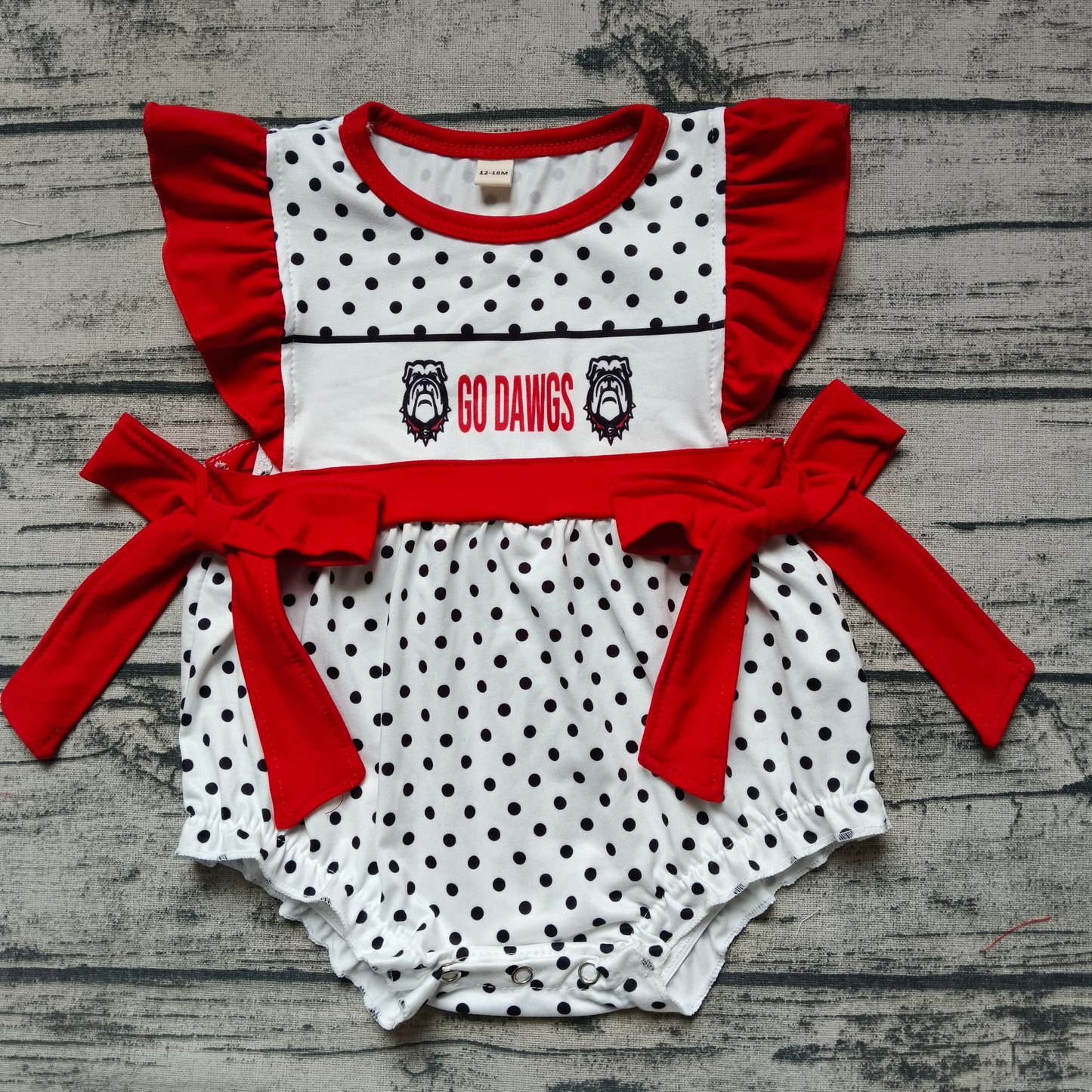 (Custom Design Preorder MOQ 5)Red G Football Team's Print Baby Girls Romper