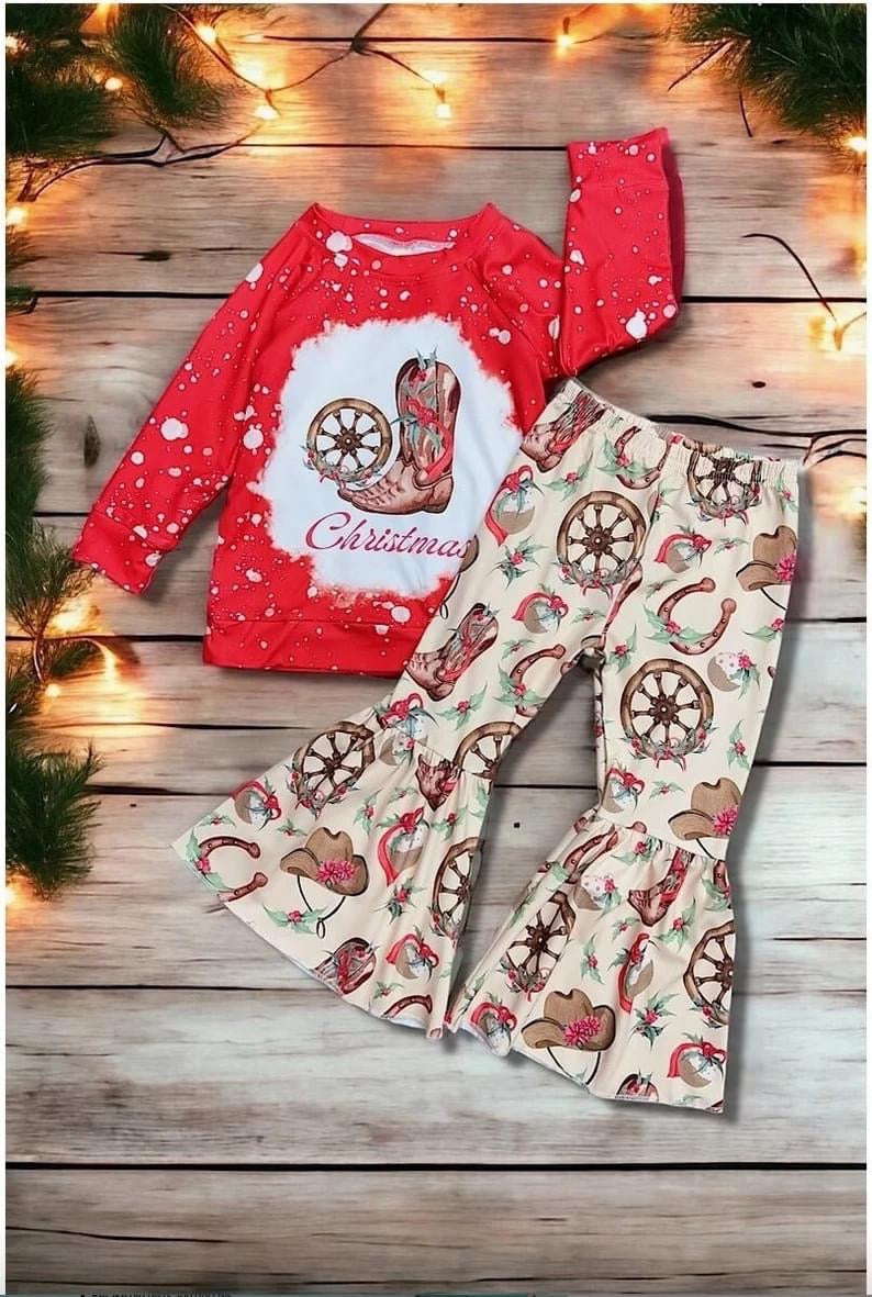 (Custom Design Preorder MOQ 5) Boots Print Girls Christmas Western Clothes Set