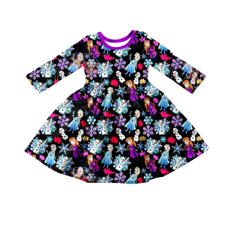 (Custom Design Preorder MOQ 5)Cartoon Princess Snowflake Print Girls Knee Length Dress