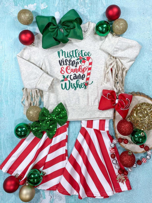 (Custom Design Preorder MOQ 5)Christmas Candy Cane Print Girls Clothes Set