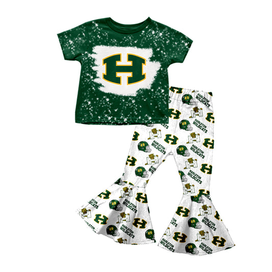 (Custom Design Preorder MOQ 5)Green H Football Team's Print Girls Bell Pants Clothes Set