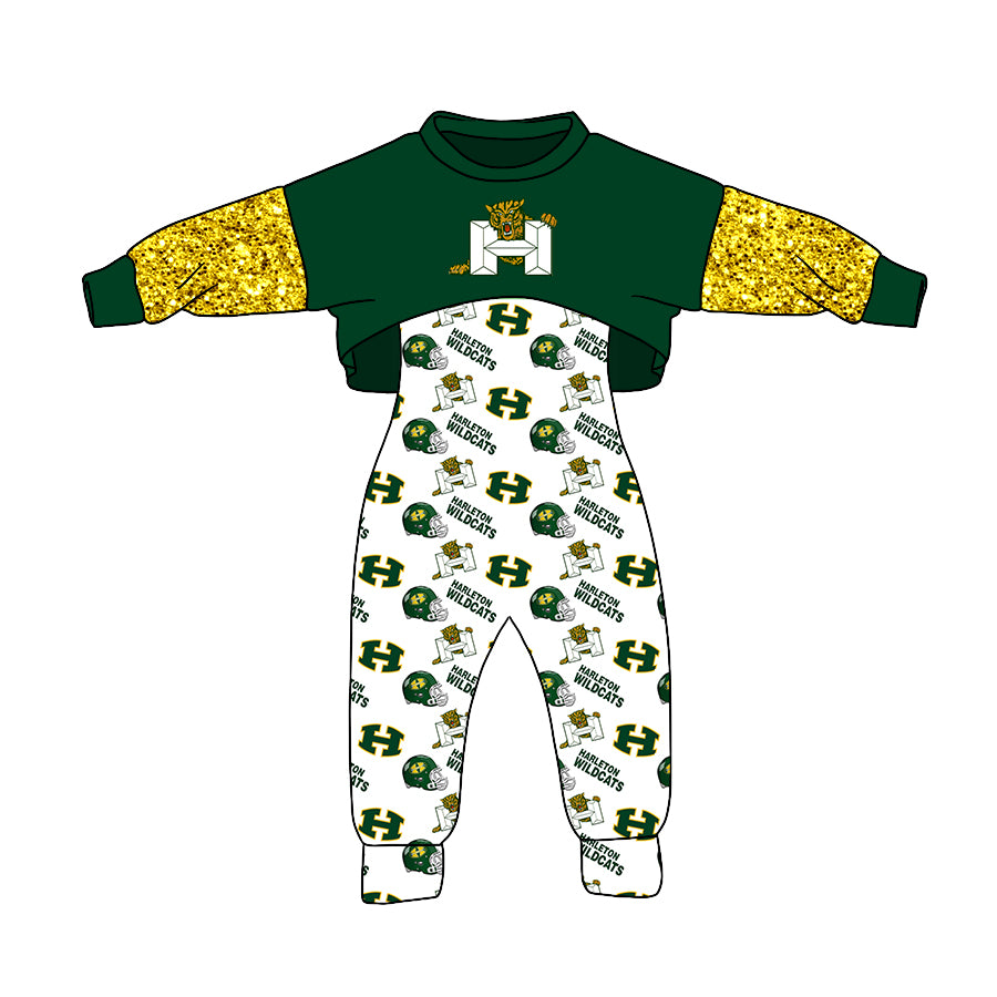 (Custom Design Preorder MOQ 5)Green H Football Team's Girls Jumpsuits Clothes Set