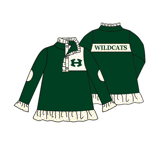 (Custom Design Preorder MOQ 5)Green H Football Team's Long Sleeve Girls Buttons Pullover Tee Shirts Top