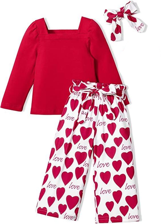 (Custom Design MOQ 5)  Red Top Heart Pants Girls 3 Pieces Valentine's Clothes set