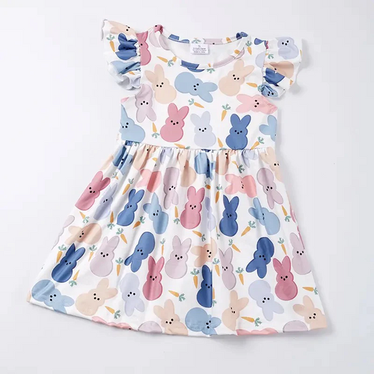 (Custom Design MOQ 5)  Flutter Sleeve Colorful Bunny Print Knee Length Dress