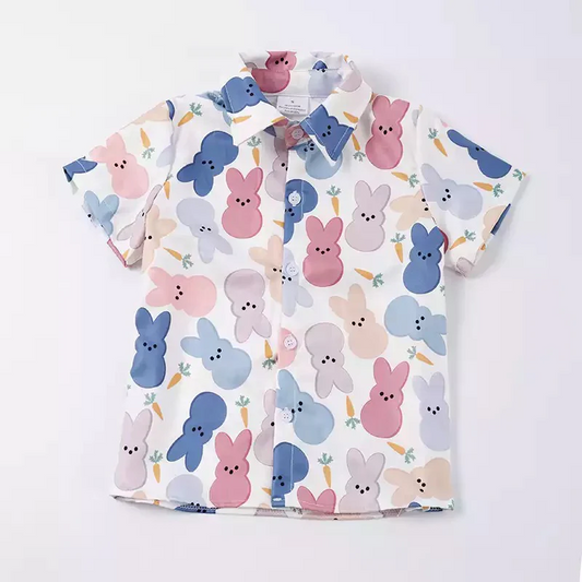 (Custom Design MOQ 5)  Colorful Bunny Print Boys Buttons Tee Shirts Easter Top