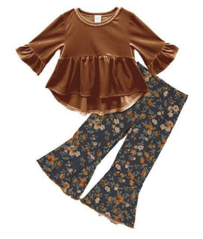 (Custom Design MOQ 5) 3/4 Sleeve Brown Velvet Tunic Top Flowers Pants Girls Fall Clothes Set