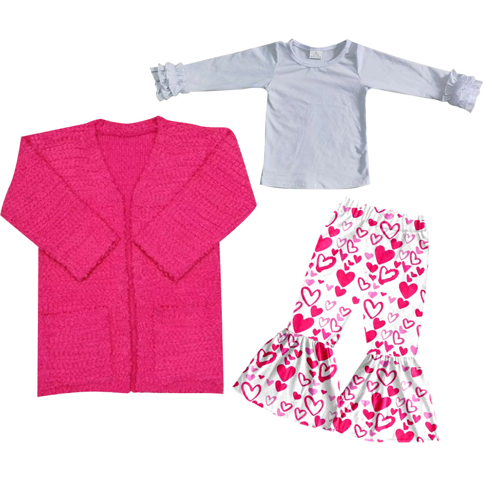 (Custom Design MOQ 5)  White Top Heart Bell Pants Hot Pink Sweater Cardigan Girls Valentine's Clothes Sets