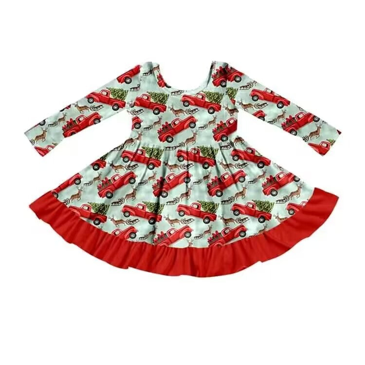 (Custom Design Preorder MOQ 5)Truck Print Girls Christmas Knee Length Dress