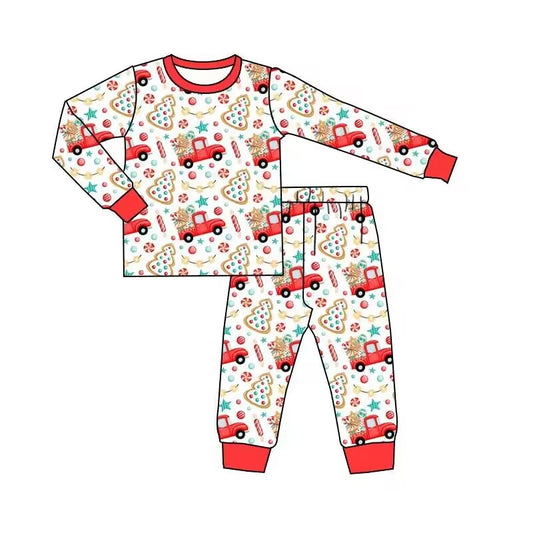 (Custom Design Preorder MOQ 5)Truck Candy Print Boys Christmas Pajamas Clothes Set