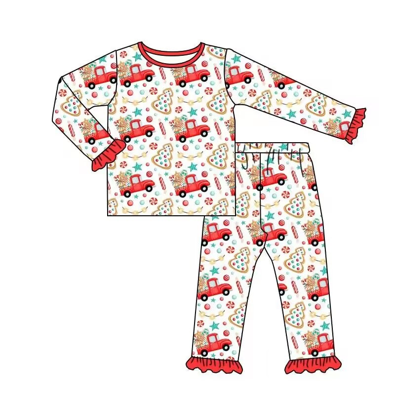 (Custom Design Preorder MOQ 5)Truck Candy Print Girls Christmas Pajamas Clothes Set