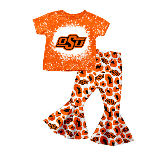 (Custom Design Preorder MOQ 5)Orange OSU Football Team's Leopard Print Girls Bell Pants Clothes Set