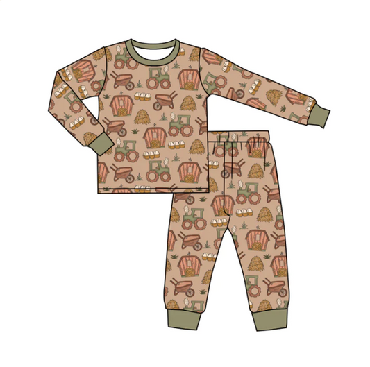 (Custom Design Preorder MOQ 5)Tractors Farm Print Kids Pajamas Clothes Set