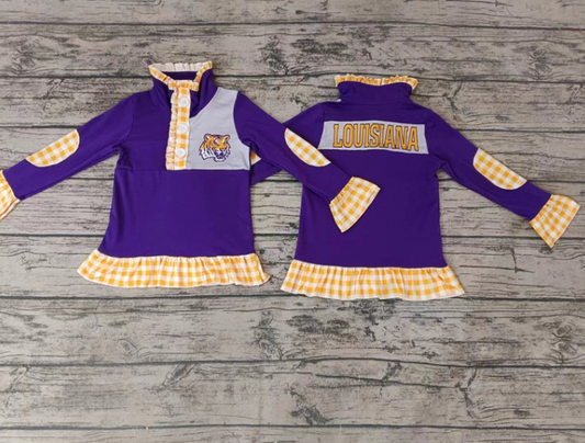 (Custom Design Preorder MOQ 5)Purple Football Team's Long Sleeve Girls Buttons Pullover Tee Shirts Top