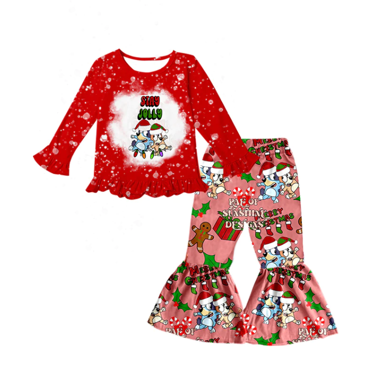 (Custom Design Preorder MOQ 5)Red Cartoon Dog Gingersnap Print Girls Christmas Clothes Set