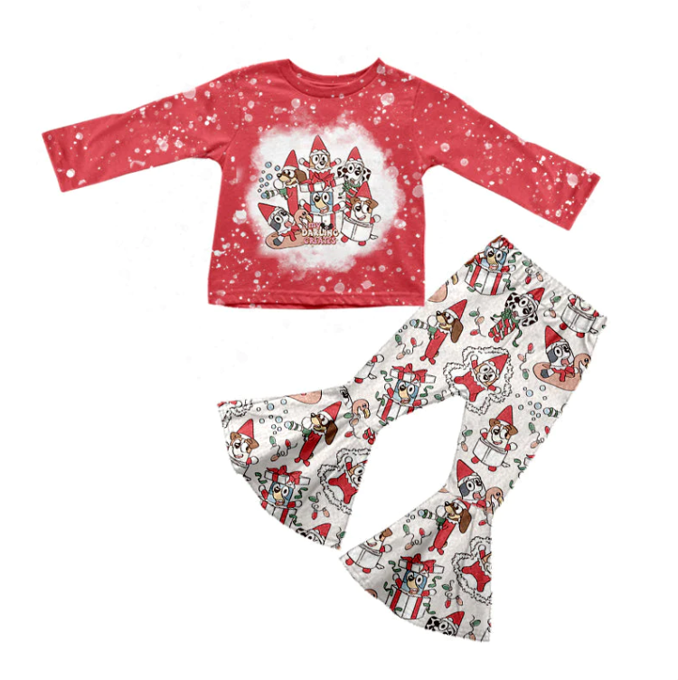 (Custom Design Preorder MOQ 5)Red Cartoon Dog Print Girls Christmas Clothes Set