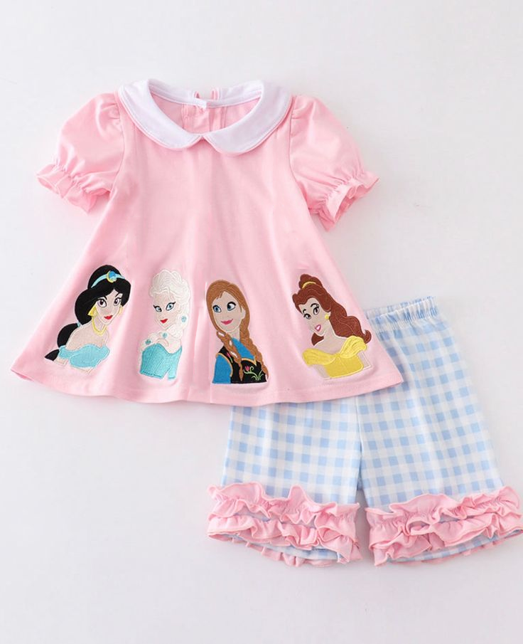 (Custom Design Preorder MOQ 5) Pink Cartoon Princess Print Girls Shorts Clothes Set