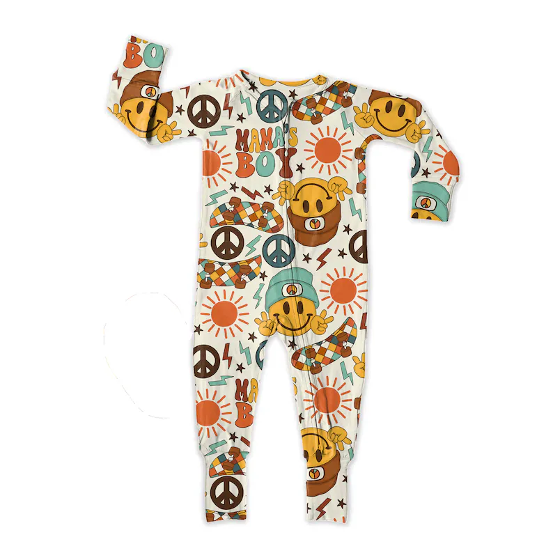 (Custom Design Preorder MOQ 5) Mama's Boy Smiling Face Print Baby Sleeper Zipper Romper